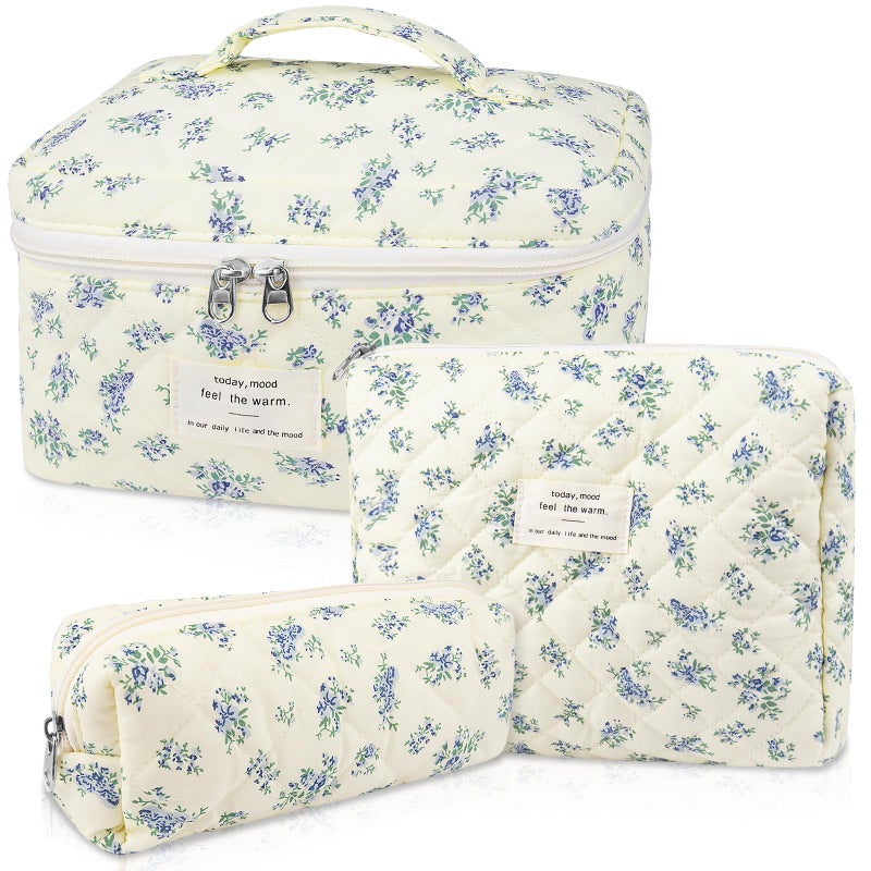 Gosect Makeup Bag Set  Quilted Makeup Bag  Large Floral Cosmetic Bag for Women  Cute Cotton Makeup Bags  Flower Travel Toiletry Organizer Bag (Blue Floer) - Image 1
